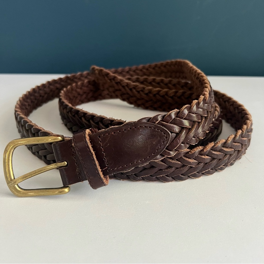 VINTAGE Brown Braided Leather Belt with Gold Buckle Size 52